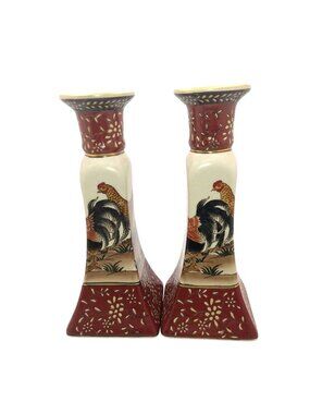 Asian Chinese Made Pair of Porcelain Rooster Chicken Candesticks Taper Candles